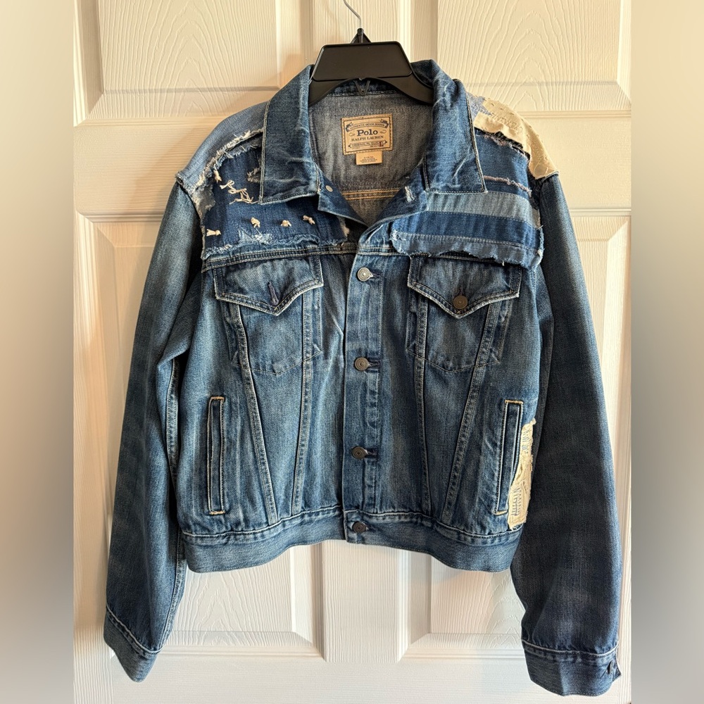 Polo Ralph Lauren Distressed Stars and Stripes Patchwork TruckerDenim Jacket
